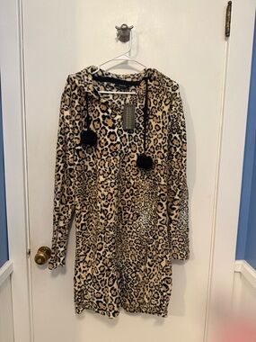 Fuzzy Leopard Print Hooded Tunic with Pom Drawstrings